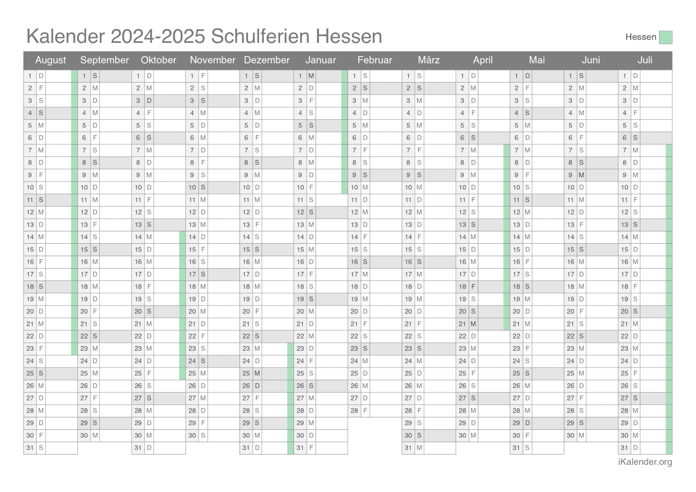 Schulferien Kalender 2024-2025 Hessen