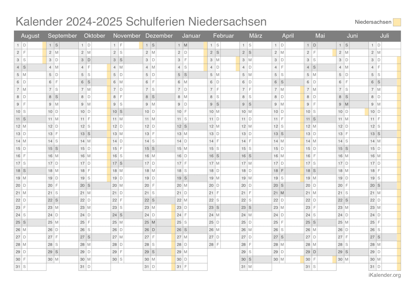 Schulferien Kalender 2024-2025 Niedersachsen