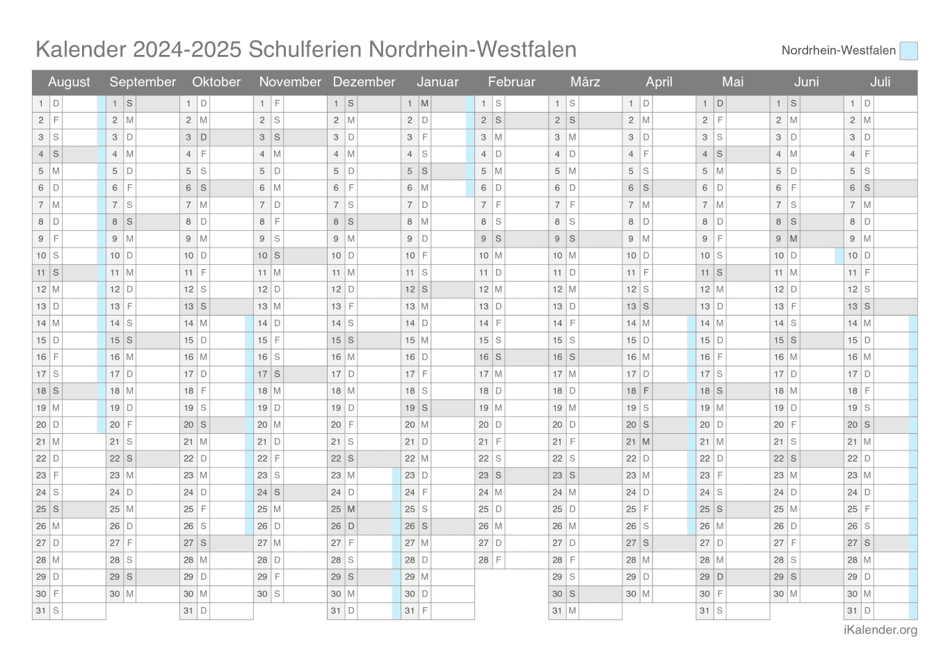 Schulferien Kalender 2024-2025 Nordrhein-Westfalen