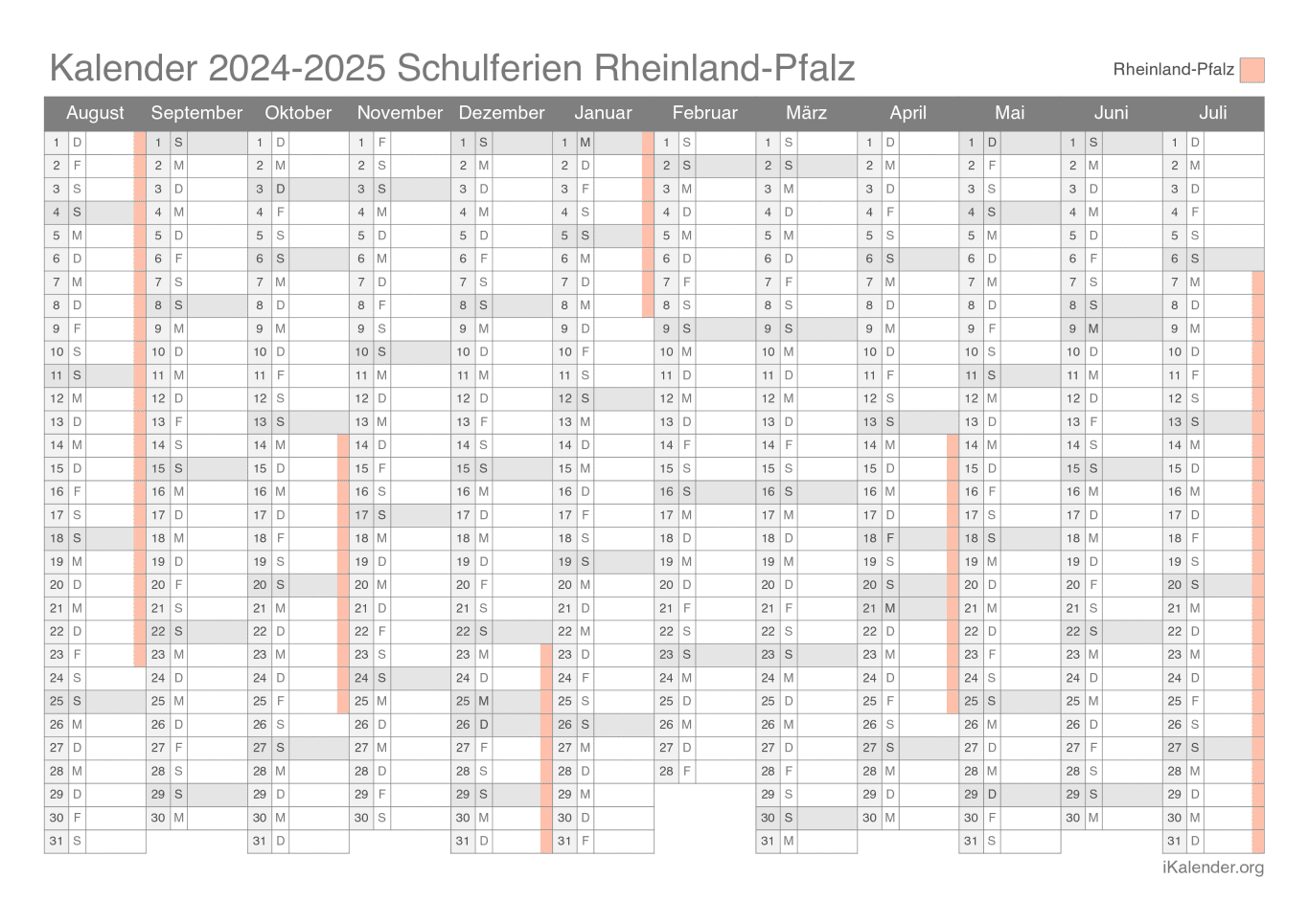 Schulferien Kalender 2024-2025 Rheinland-Pfalz