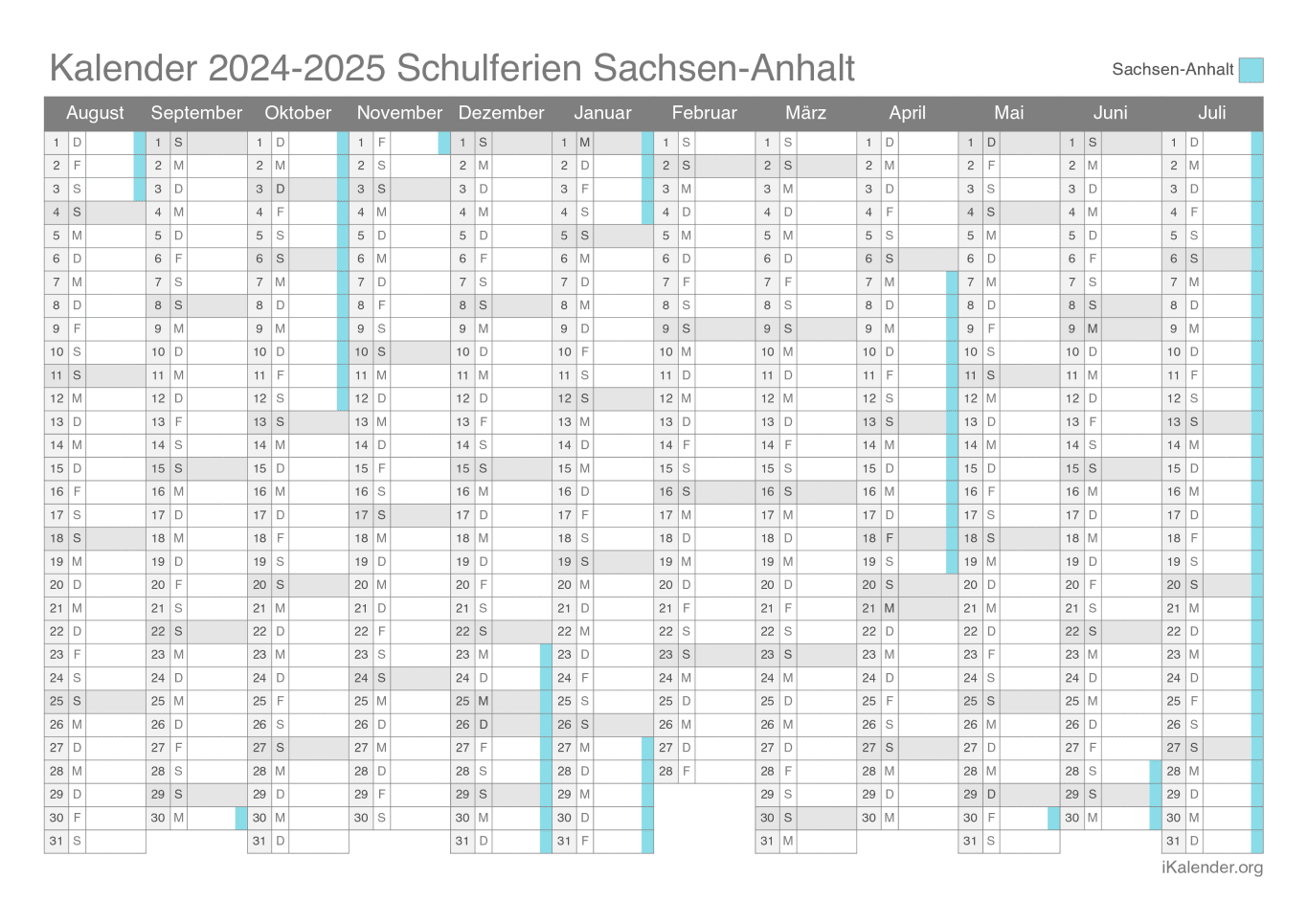 Schulferien Kalender 2024-2025 Sachsen-Anhalt