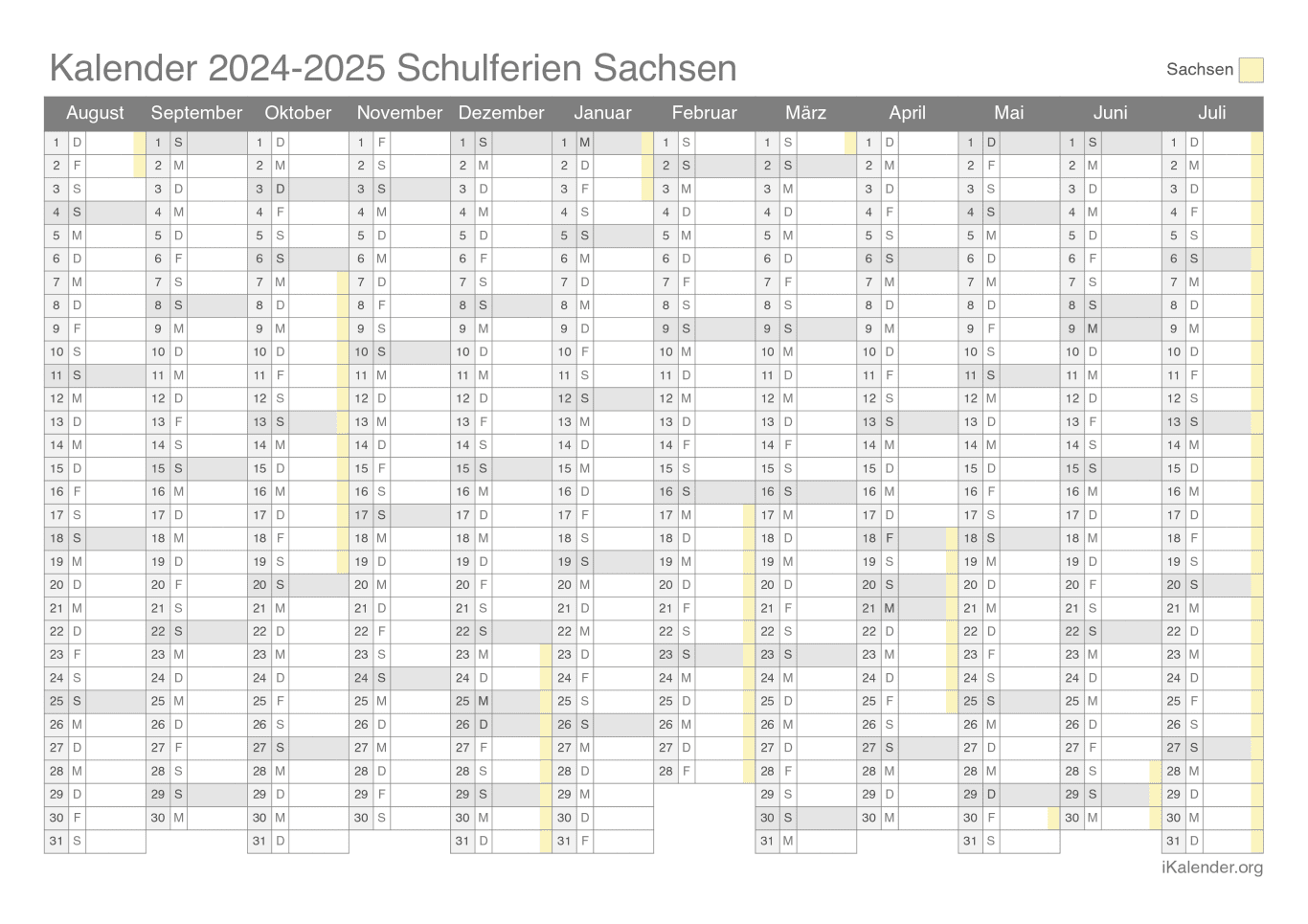 Schulferien Kalender 2024-2025 Sachsen