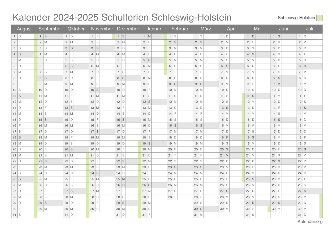 Schulferien Kalender 2024-2025 Schleswig-Holstein