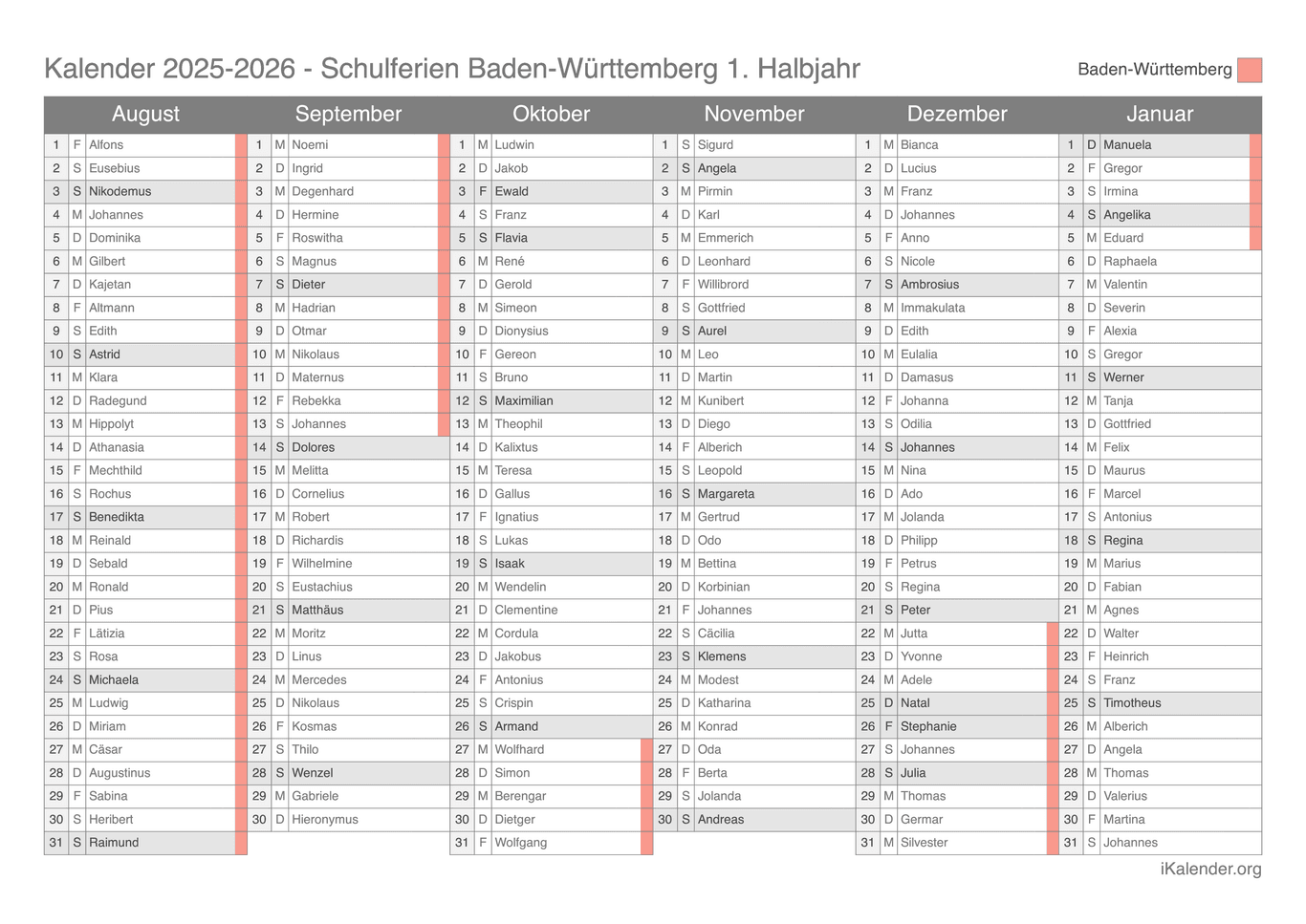Schulferien- Halbjahres- Namenstagskalender 2025-2026 Baden-Württemberg