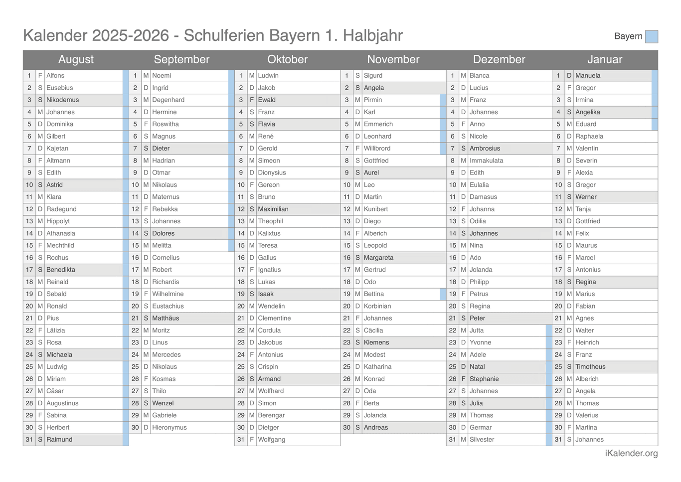 Schulferien- Halbjahres- Namenstagskalender 2025-2026 Bayern