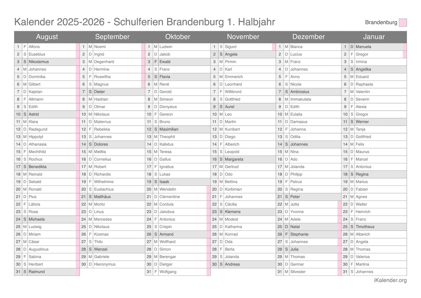 Schulferien- Halbjahres- Namenstagskalender 2025-2026 Brandenburg