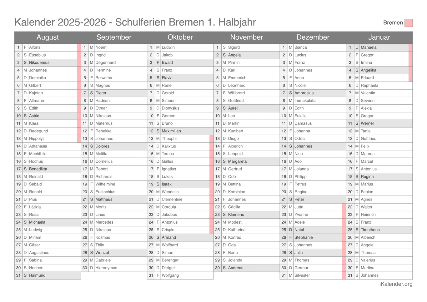 Schulferien- Halbjahres- Namenstagskalender 2025-2026 Bremen