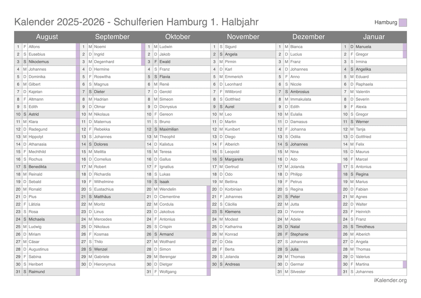 Schulferien- Halbjahres- Namenstagskalender 2025-2026 Hamburg
