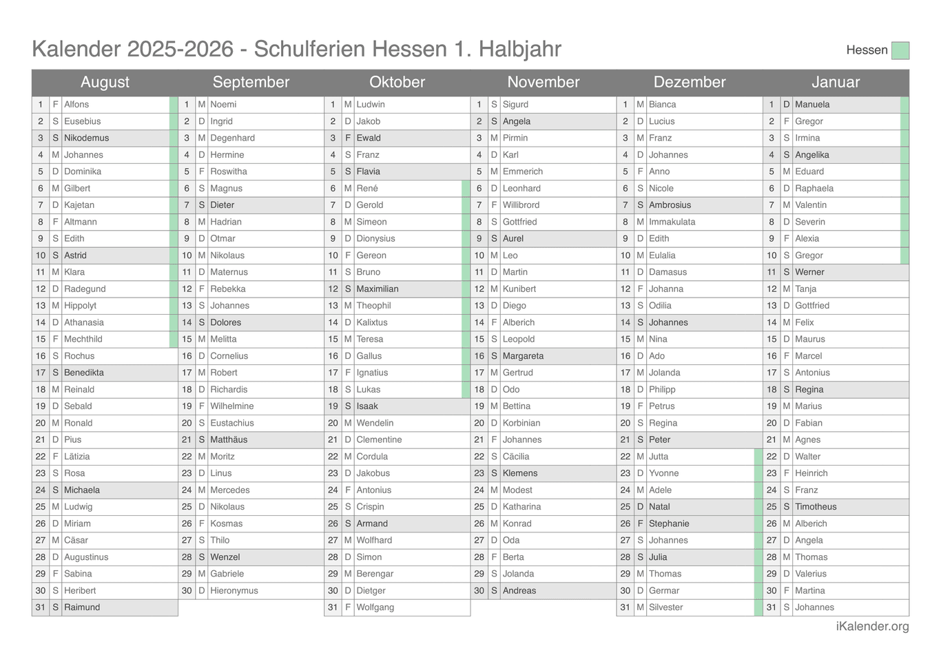 Schulferien- Halbjahres- Namenstagskalender 2025-2026 Hessen
