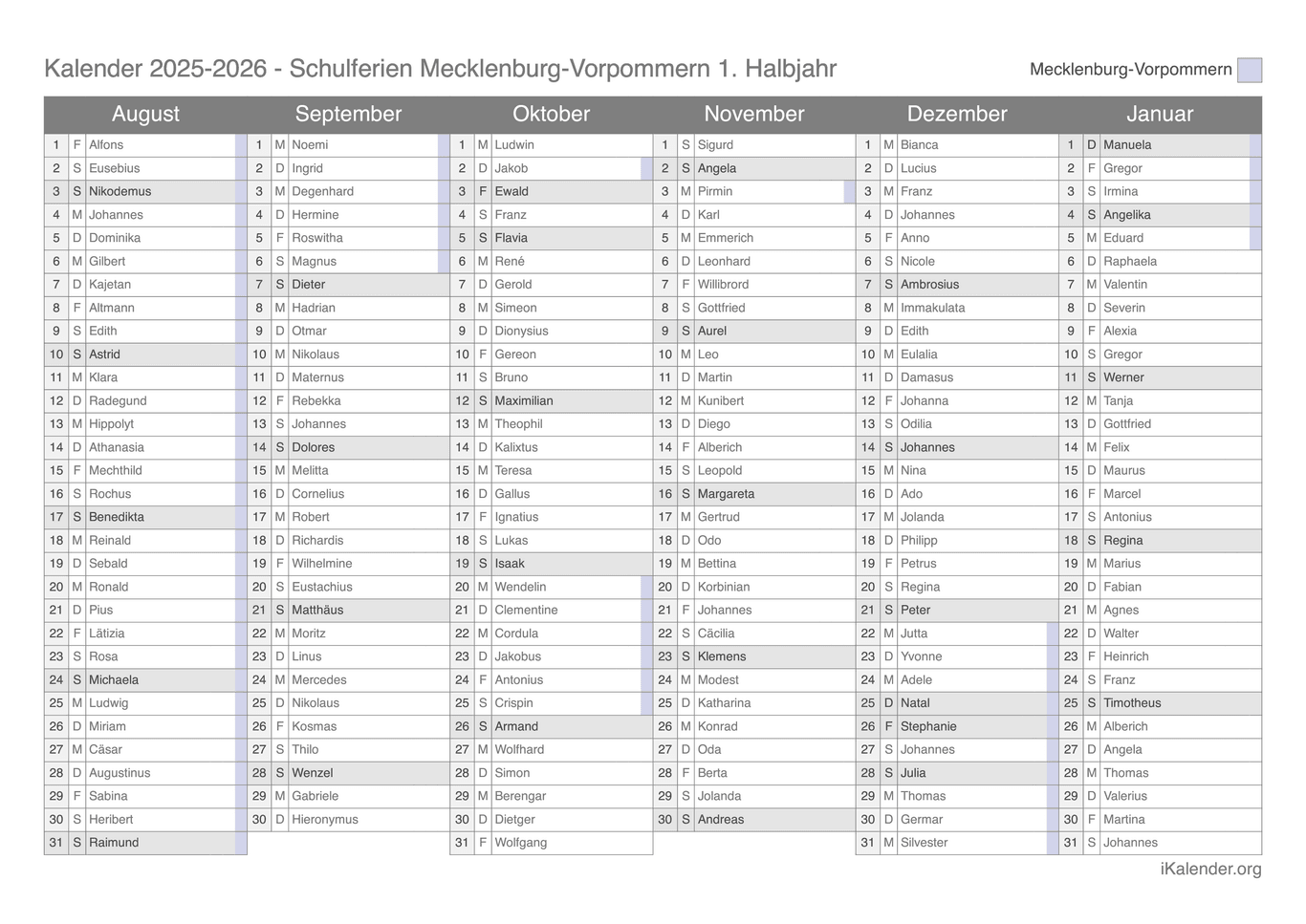 Schulferien- Halbjahres- Namenstagskalender 2025-2026 Mecklenburg-Vorpommern