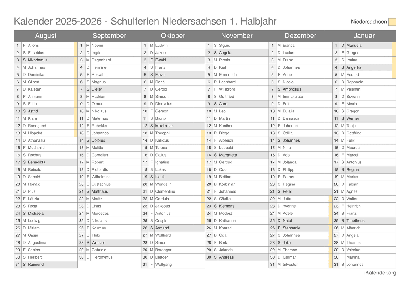 Schulferien- Halbjahres- Namenstagskalender 2025-2026 Niedersachsen