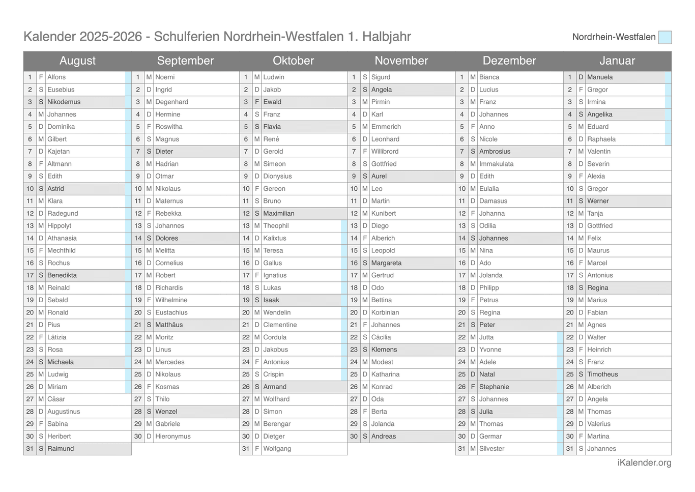 Schulferien- Halbjahres- Namenstagskalender 2025-2026 Nordrhein-Westfalen
