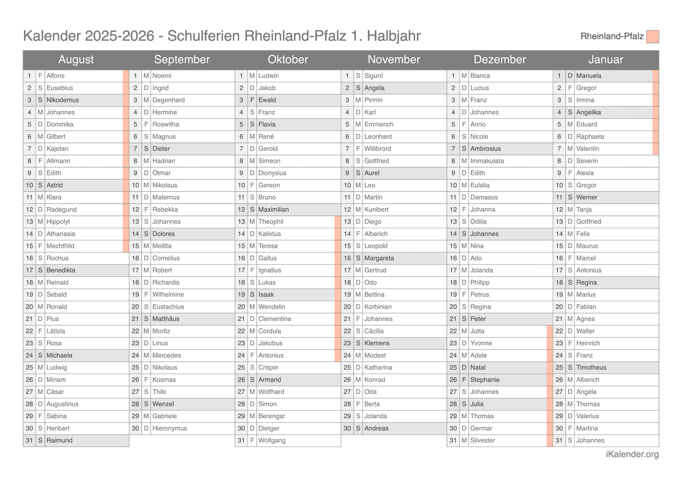 Schulferien- Halbjahres- Namenstagskalender 2025-2026 Rheinland-Pfalz