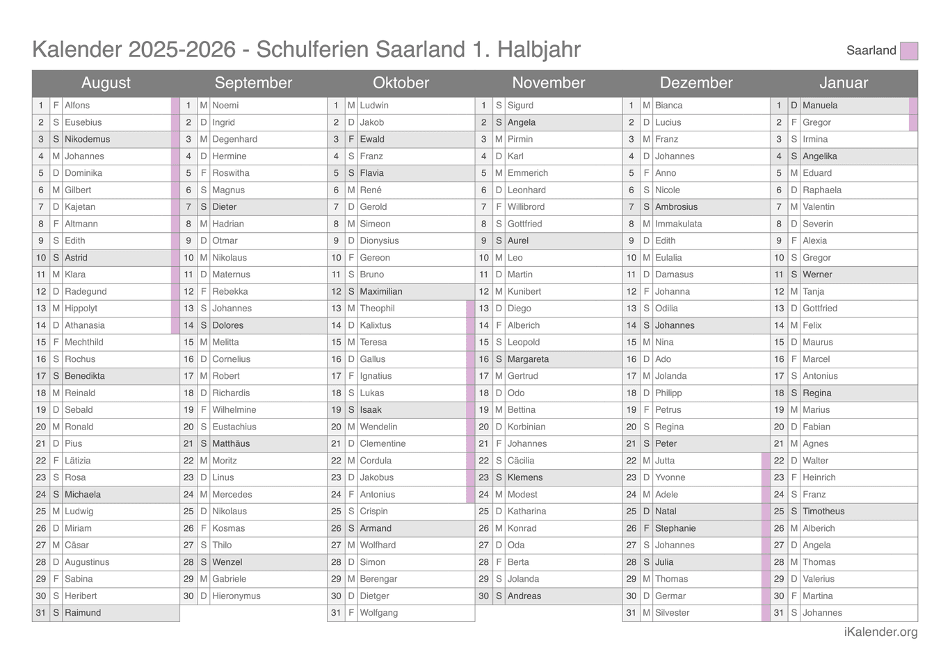 Schulferien- Halbjahres- Namenstagskalender 2025-2026 Saarland