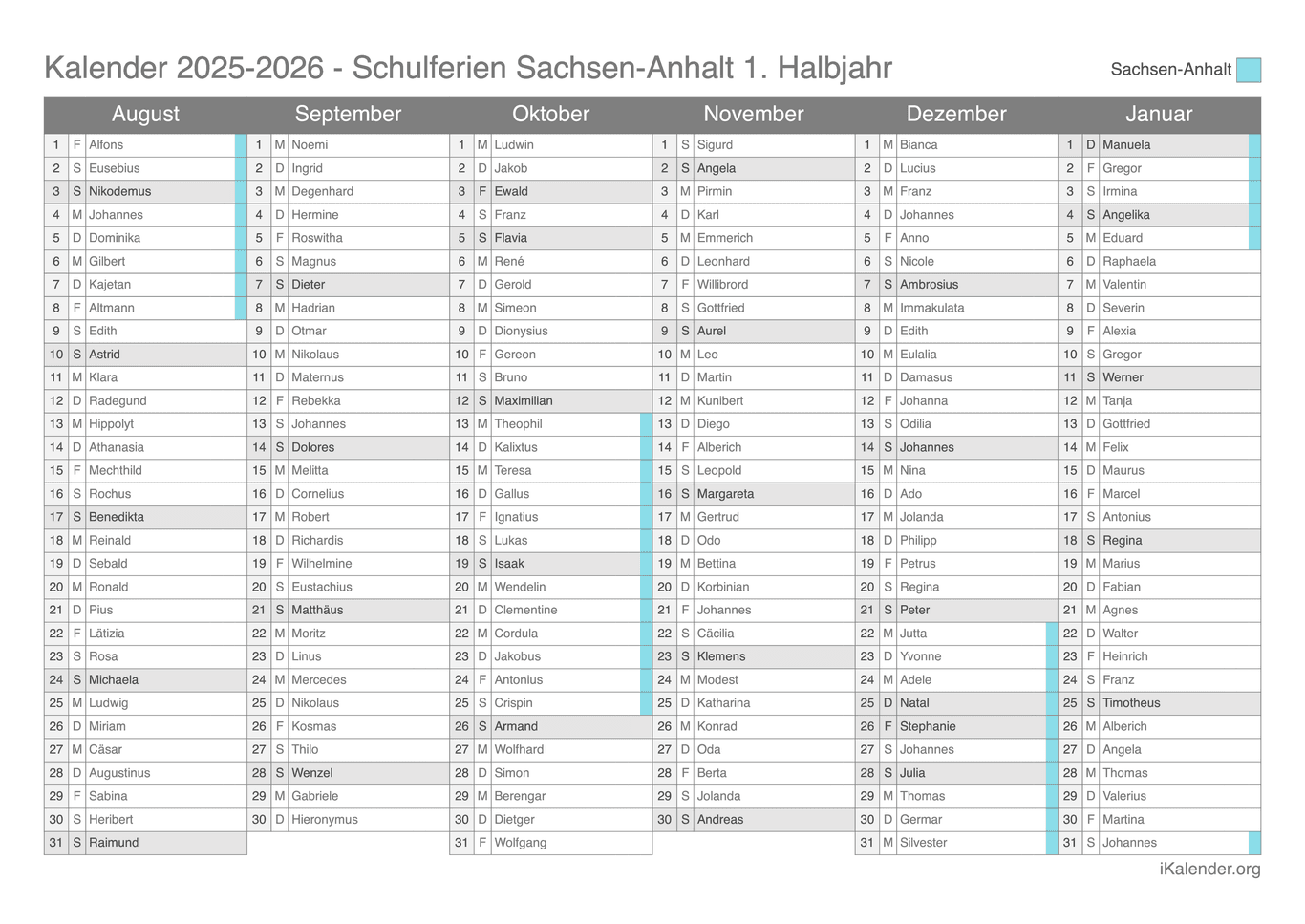 Schulferien- Halbjahres- Namenstagskalender 2025-2026 Sachsen-Anhalt