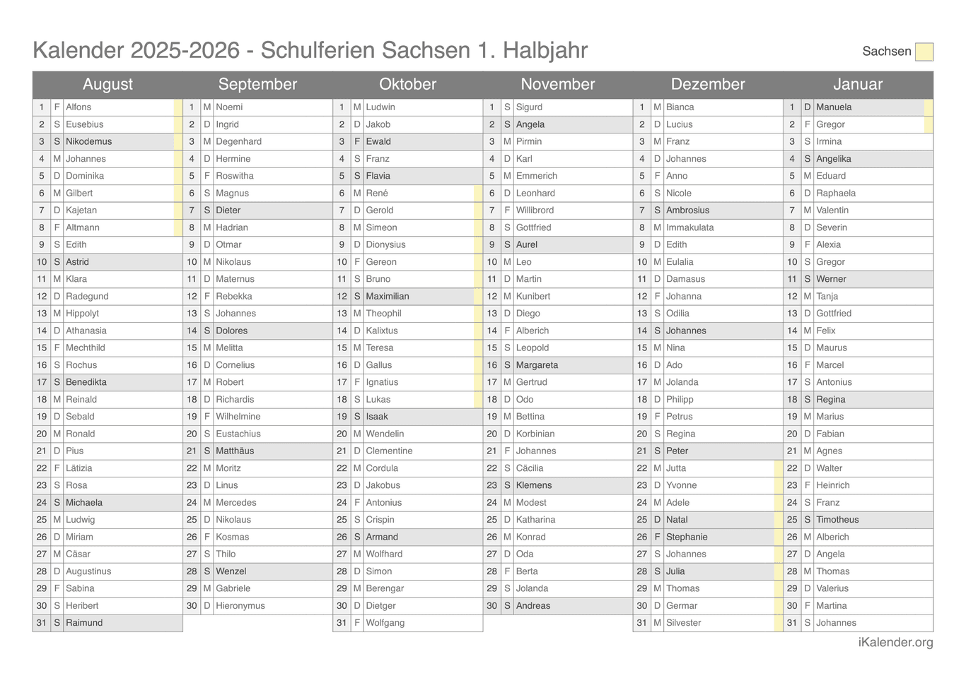 Schulferien- Halbjahres- Namenstagskalender 2025-2026 Sachsen
