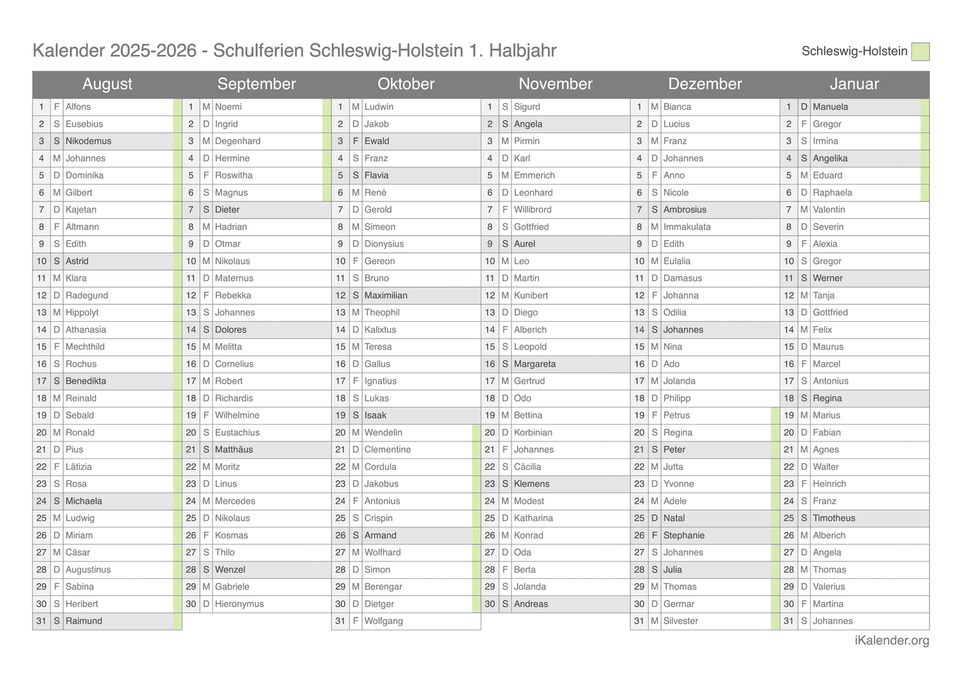 Schulferien- Halbjahres- Namenstagskalender 2025-2026 Schleswig-Holstein