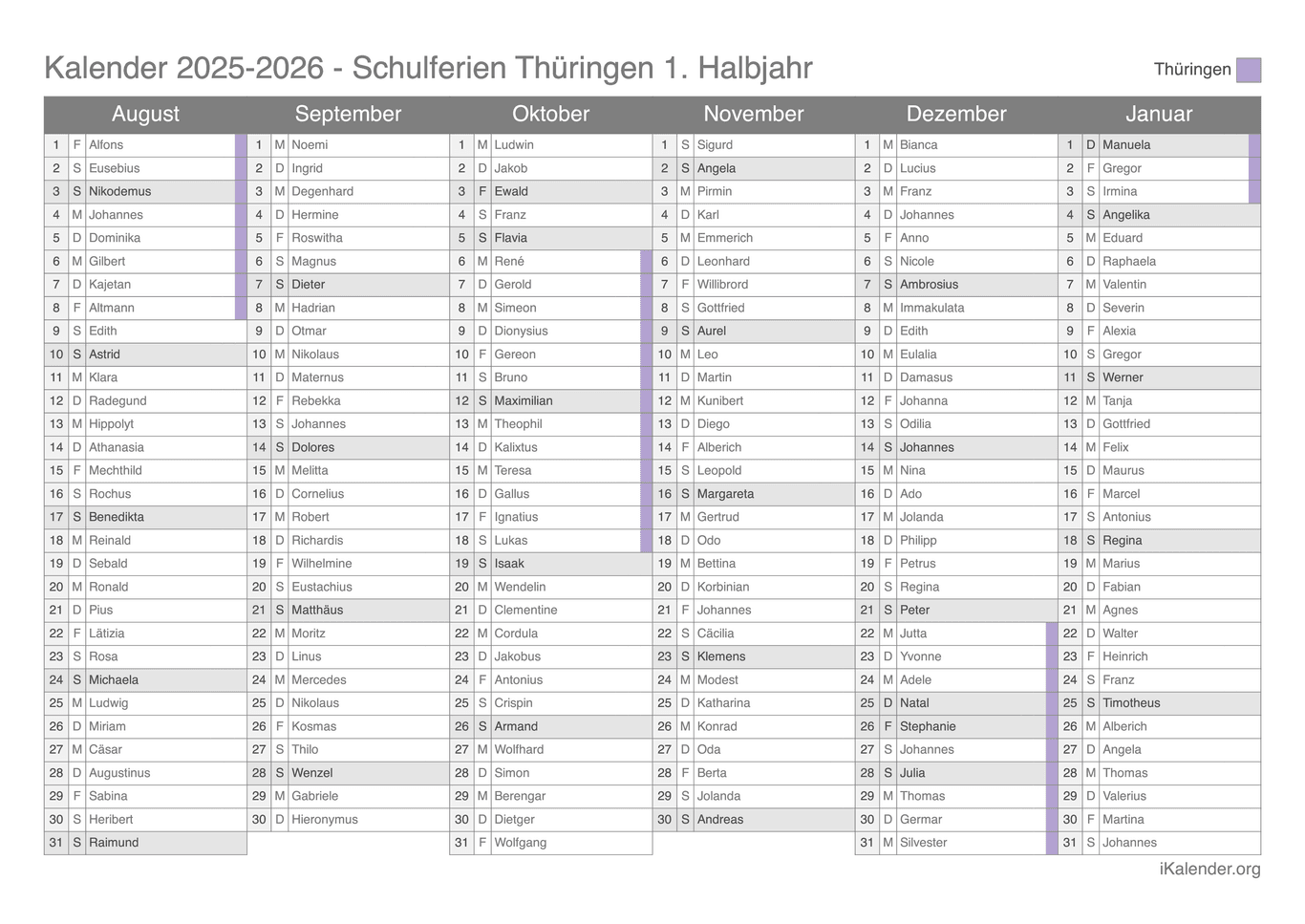 Schulferien- Halbjahres- Namenstagskalender 2025-2026 Thüringen