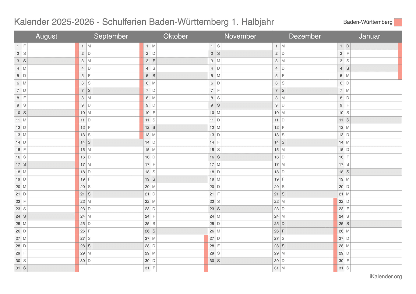 Schulferien Halbjahreskalender 2025-2026 Baden-Württemberg