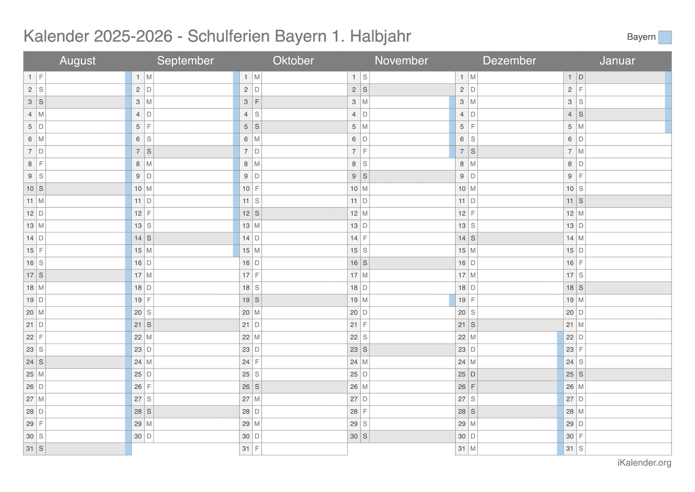 Schulferien Halbjahreskalender 2025-2026 Bayern