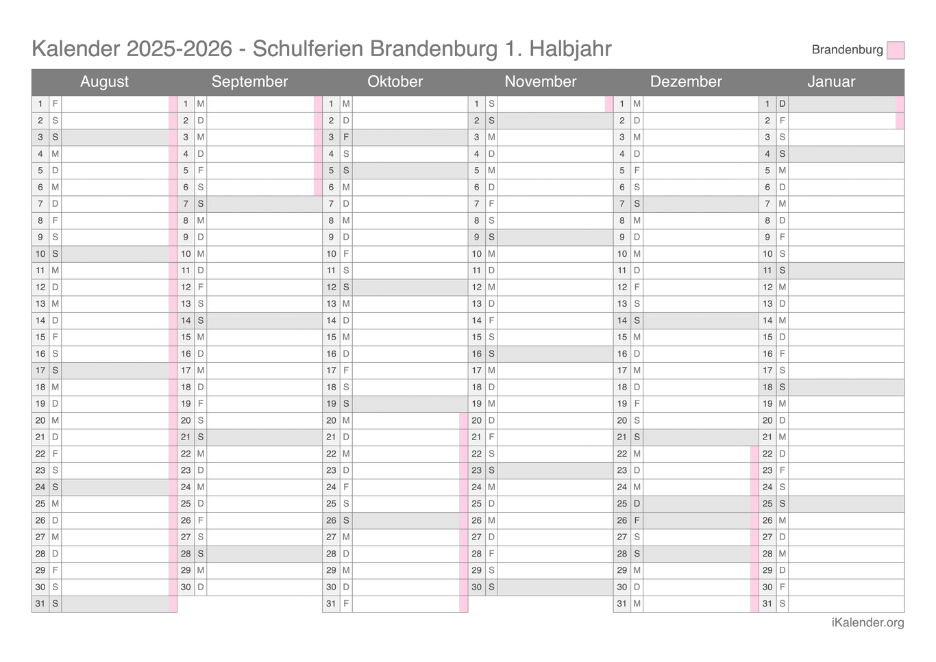 Schulferien Halbjahreskalender 2025-2026 Brandenburg