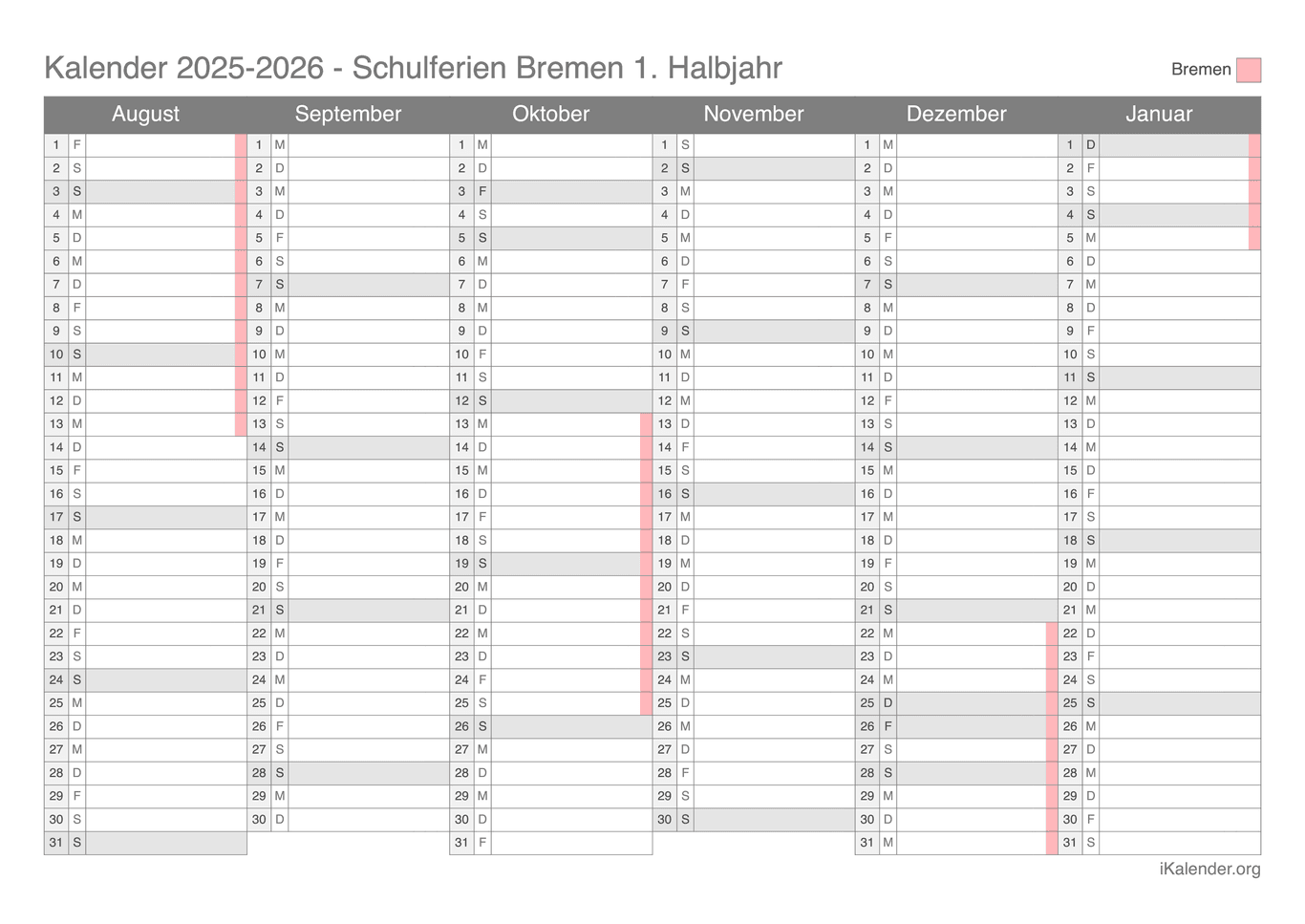 Schulferien Halbjahreskalender 2025-2026 Bremen
