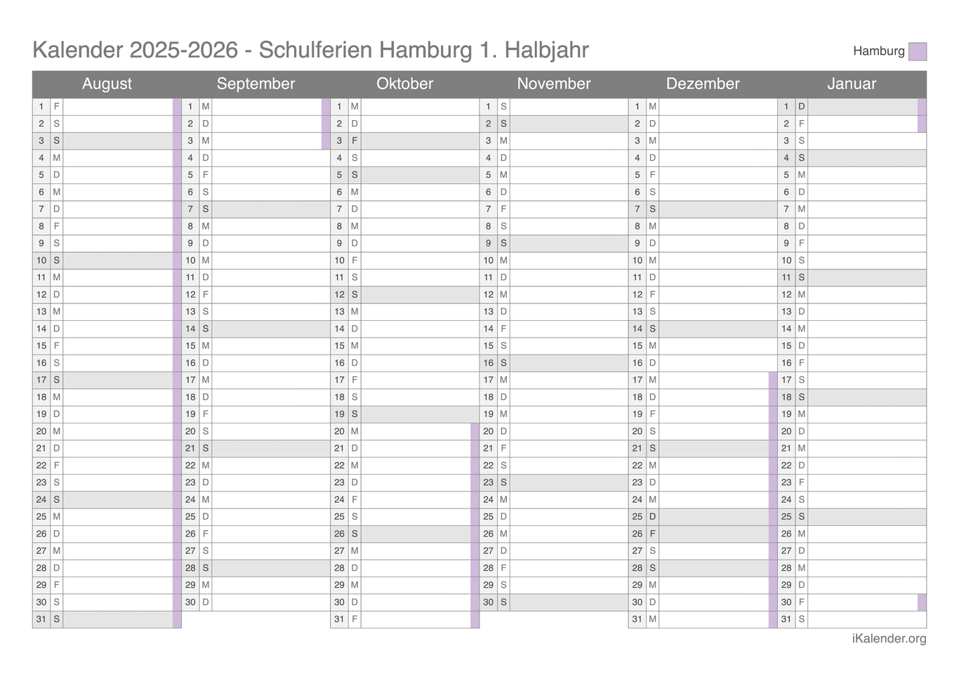 Schulferien Halbjahreskalender 2025-2026 Hamburg