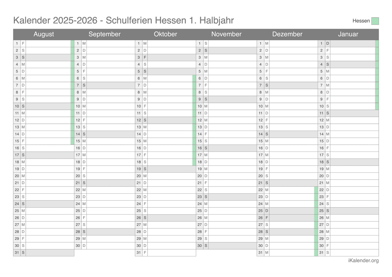 Schulferien Halbjahreskalender 2025-2026 Hessen