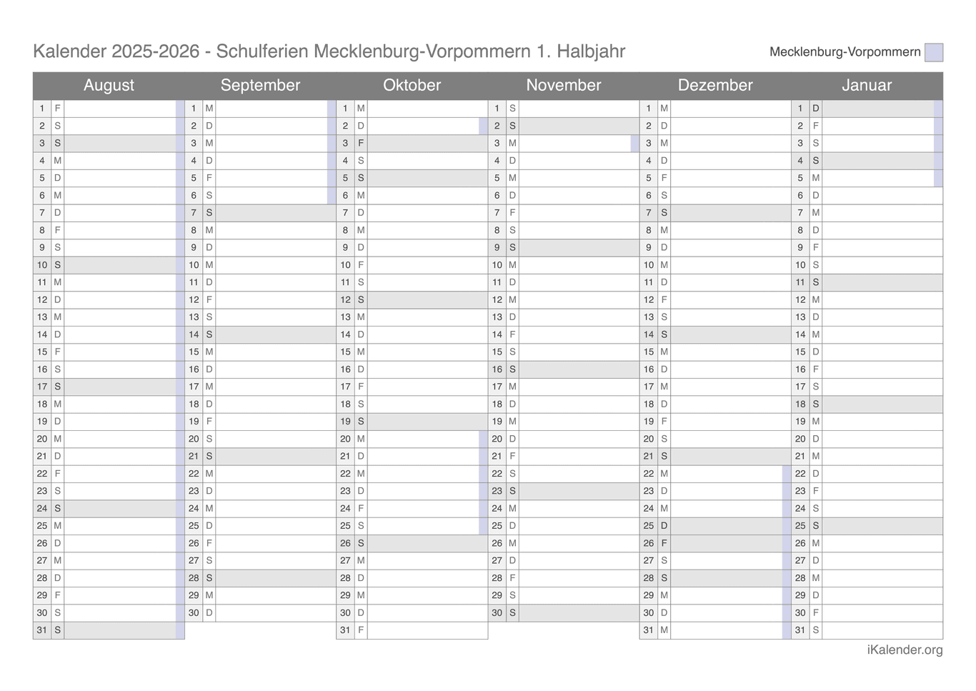 Schulferien Halbjahreskalender 2025-2026 Mecklenburg-Vorpommern