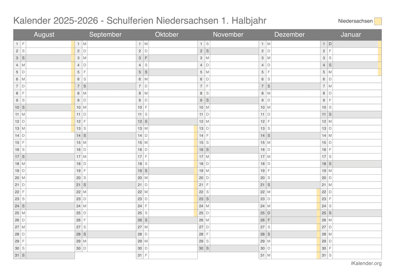 Schulferien Halbjahreskalender 2025-2026 Niedersachsen