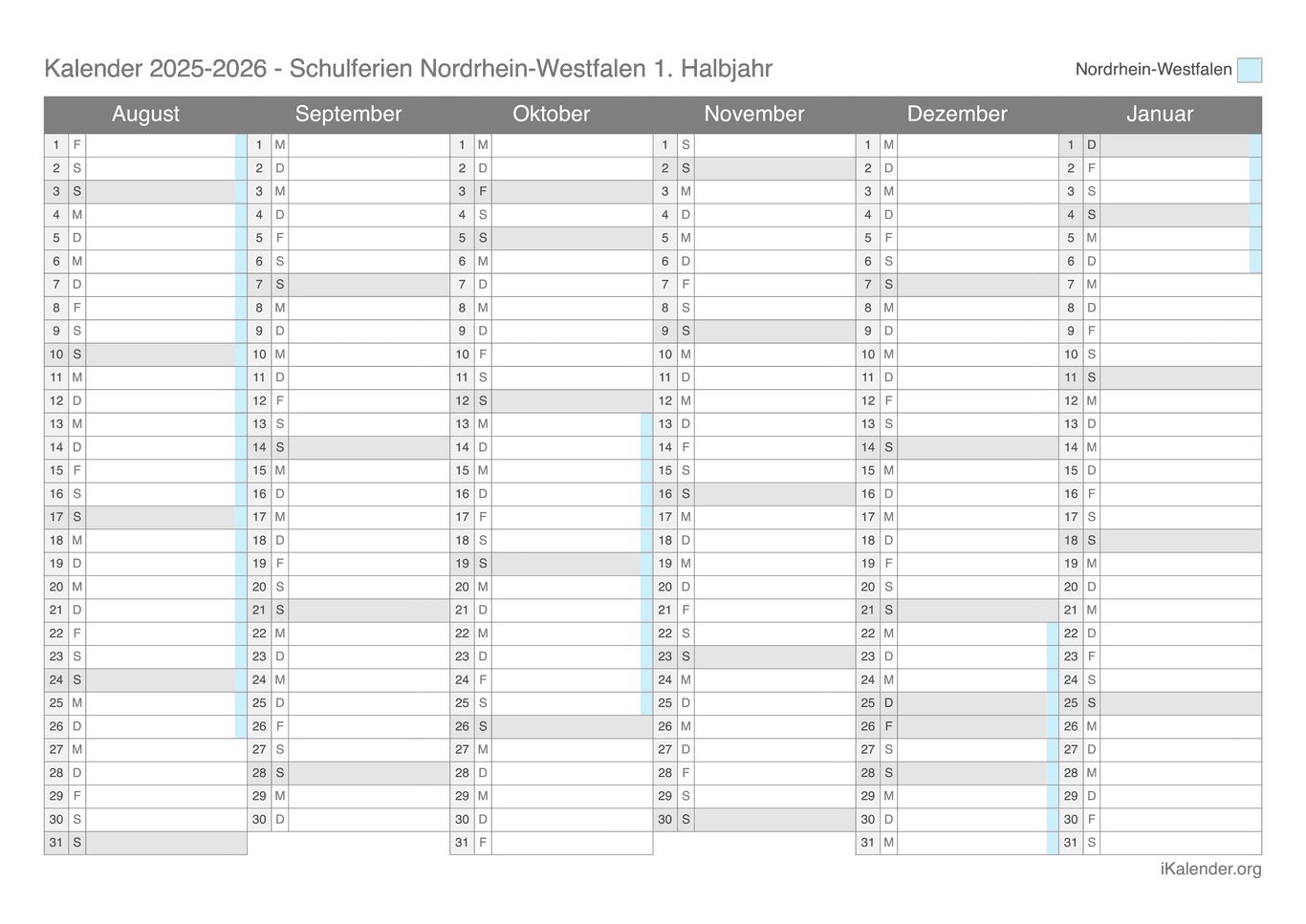 Schulferien Halbjahreskalender 2025-2026 Nordrhein-Westfalen