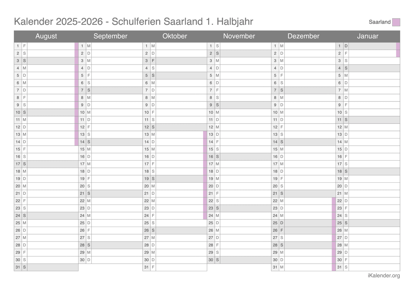 Schulferien Halbjahreskalender 2025-2026 Saarland