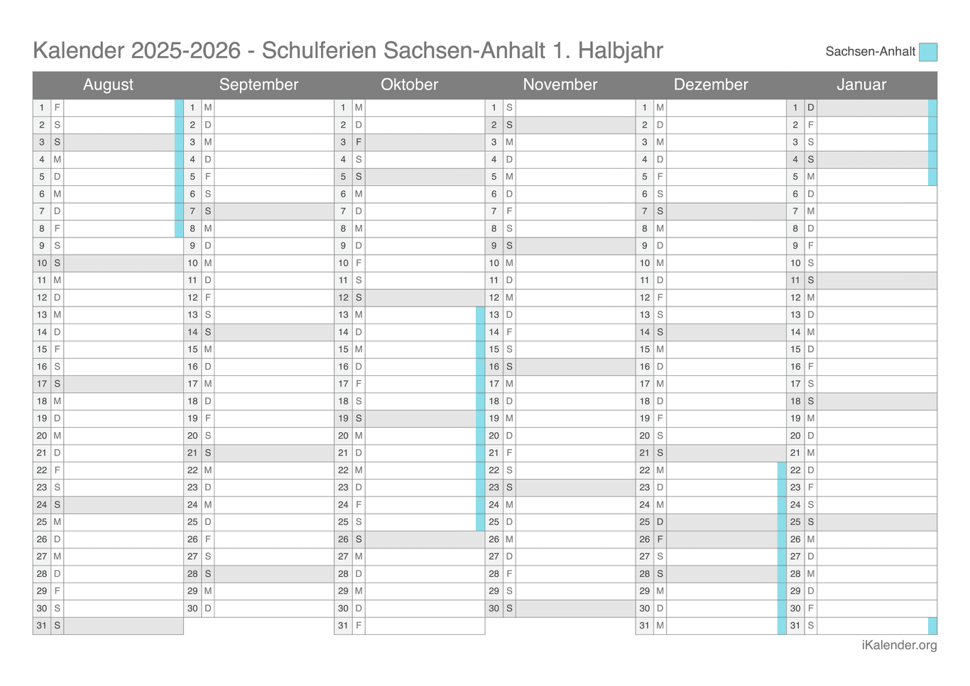 Schulferien Halbjahreskalender 2025-2026 Sachsen-Anhalt