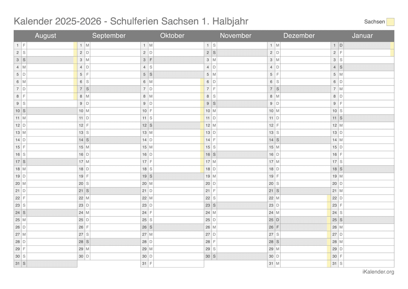 Schulferien Halbjahreskalender 2025-2026 Sachsen