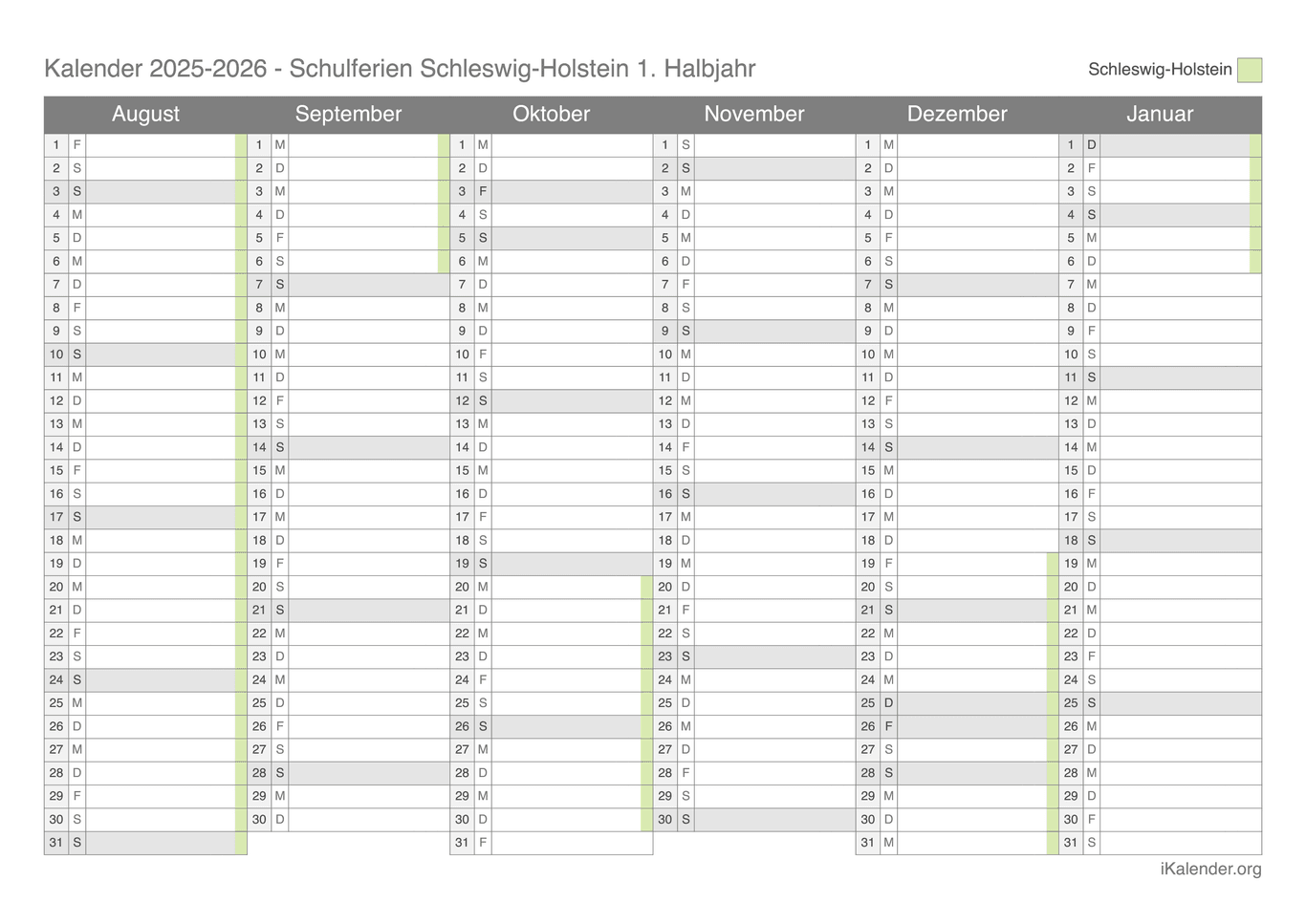 Schulferien Halbjahreskalender 2025-2026 Schleswig-Holstein