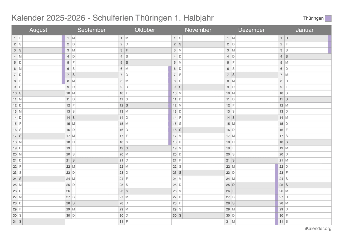 Schulferien Halbjahreskalender 2025-2026 Thüringen