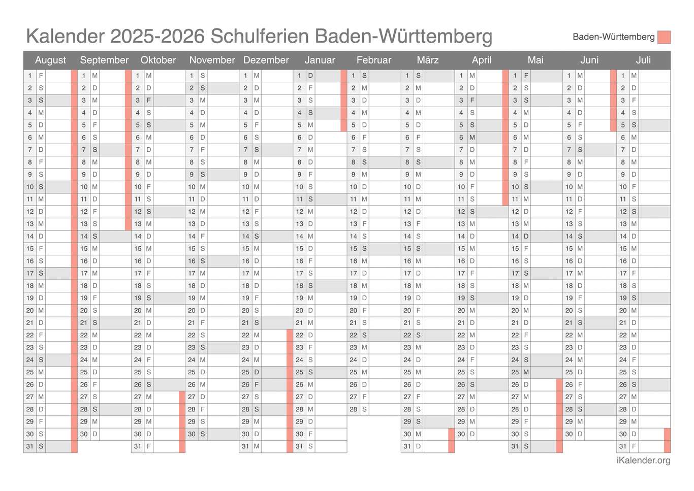 Schulferien Kalender 2025-2026 Baden-Württemberg