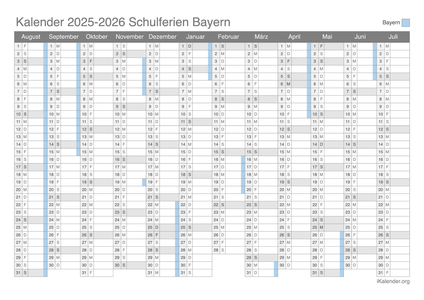 Schulferien Kalender 2025-2026 Bayern