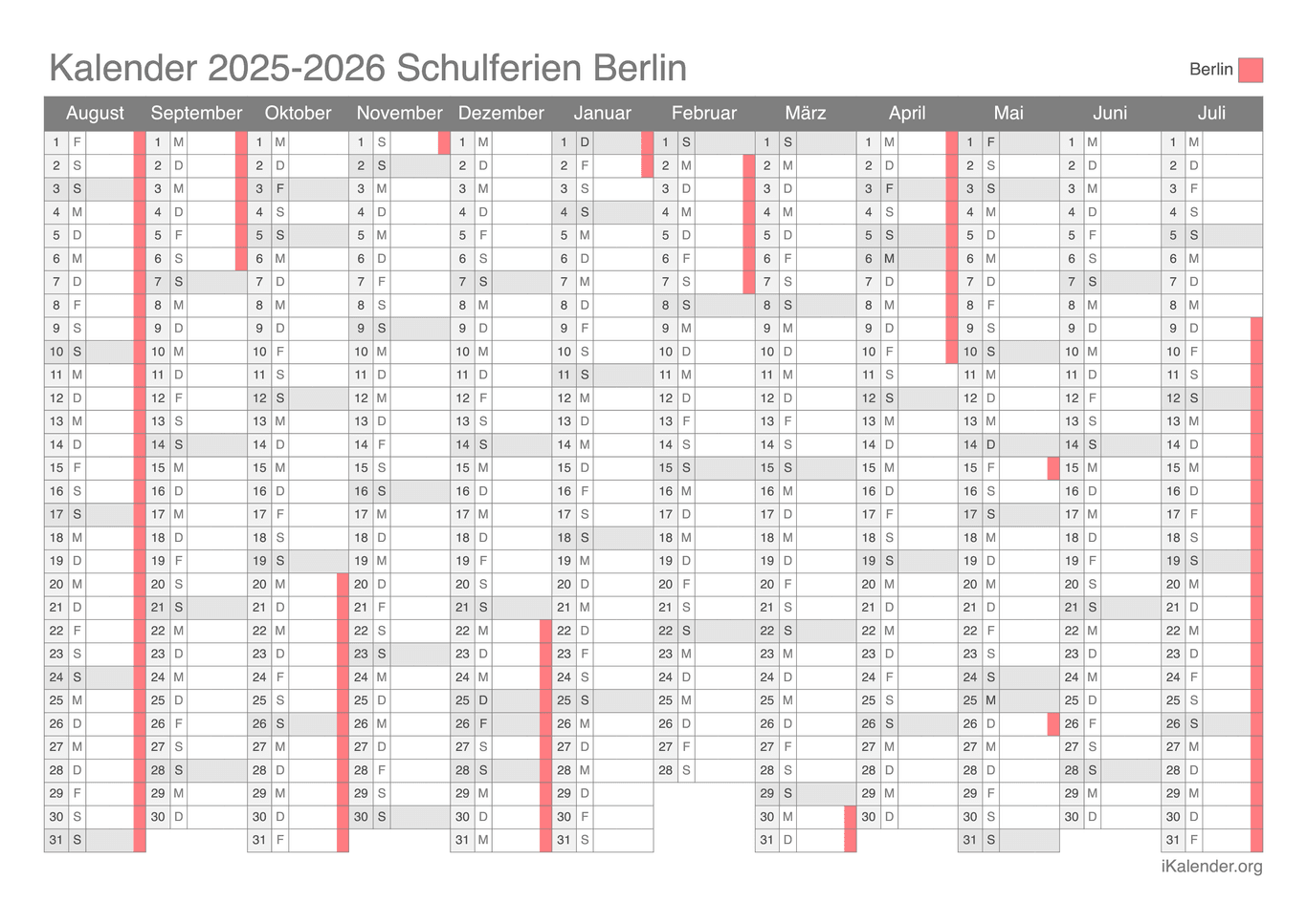 Schulferien Kalender 2025-2026 Berlin