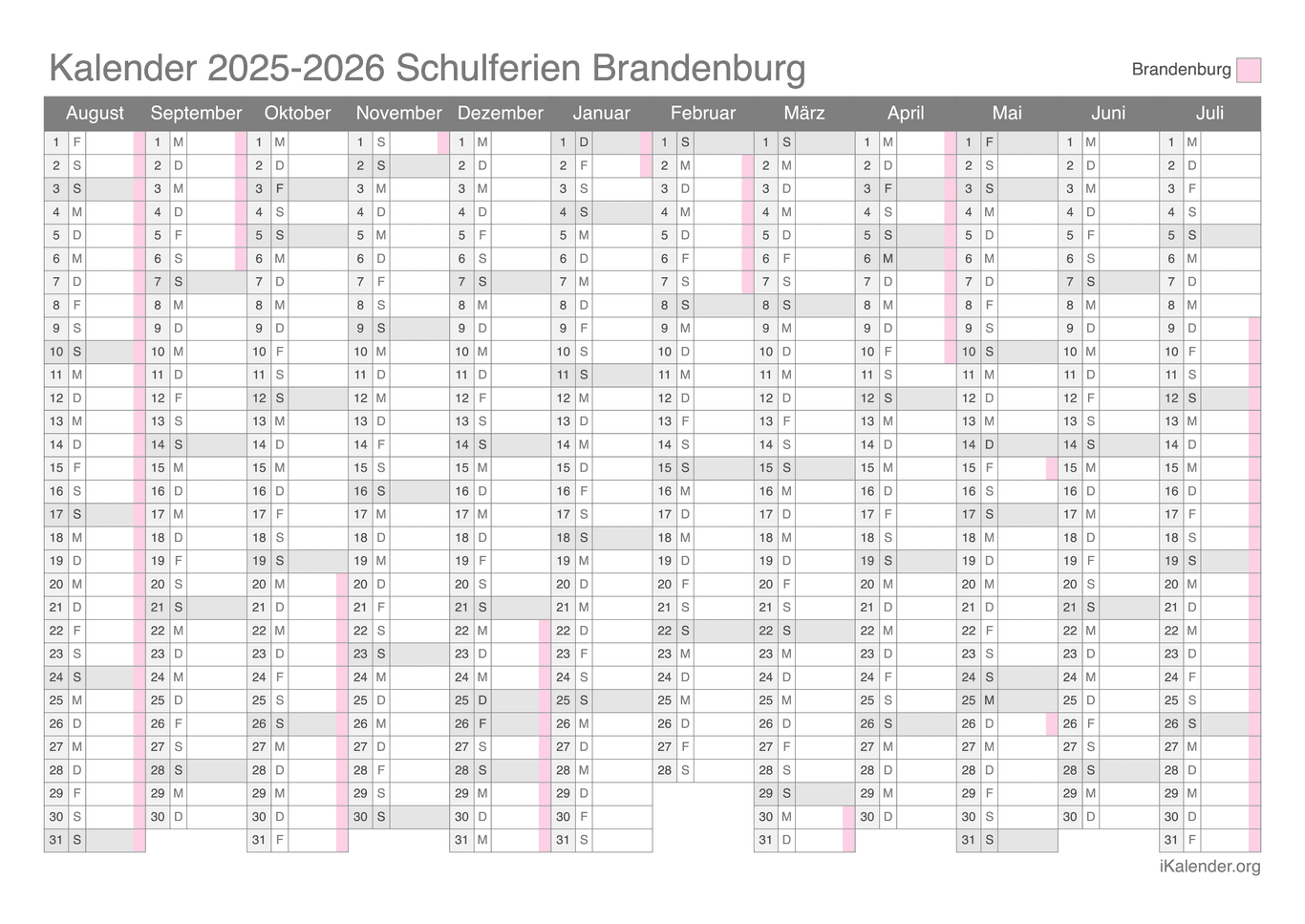 Schulferien Kalender 2025-2026 Brandenburg