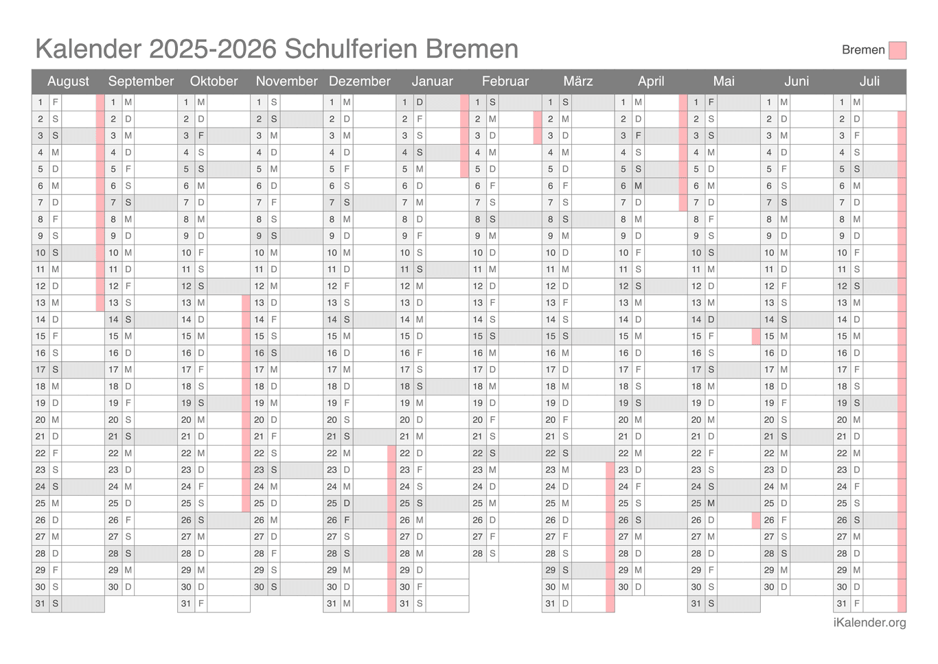 Schulferien Kalender 2025-2026 Bremen