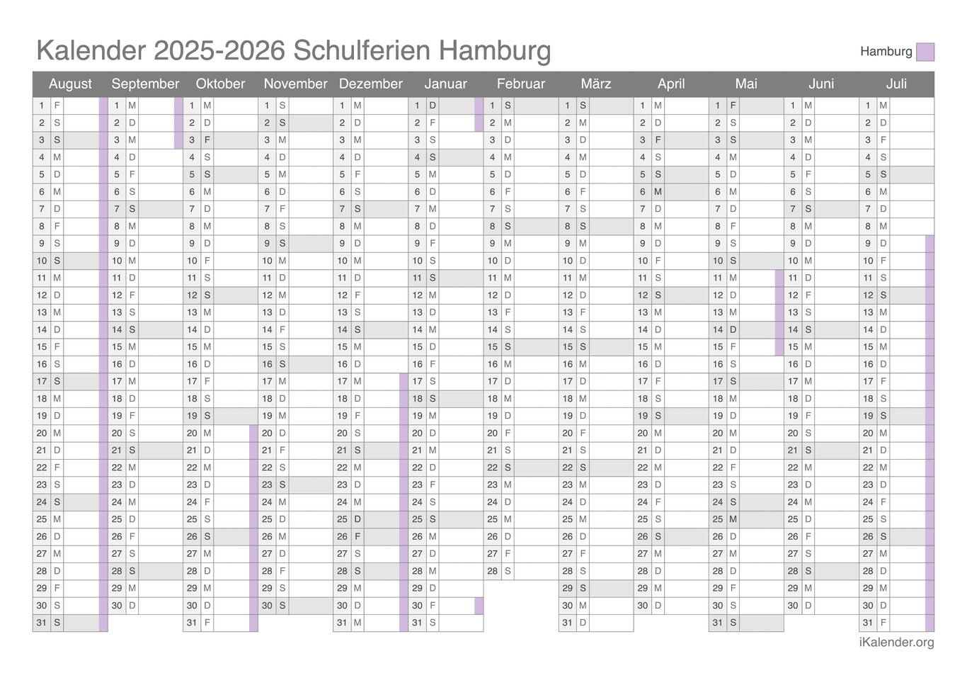 Schulferien Kalender 2025-2026 Hamburg