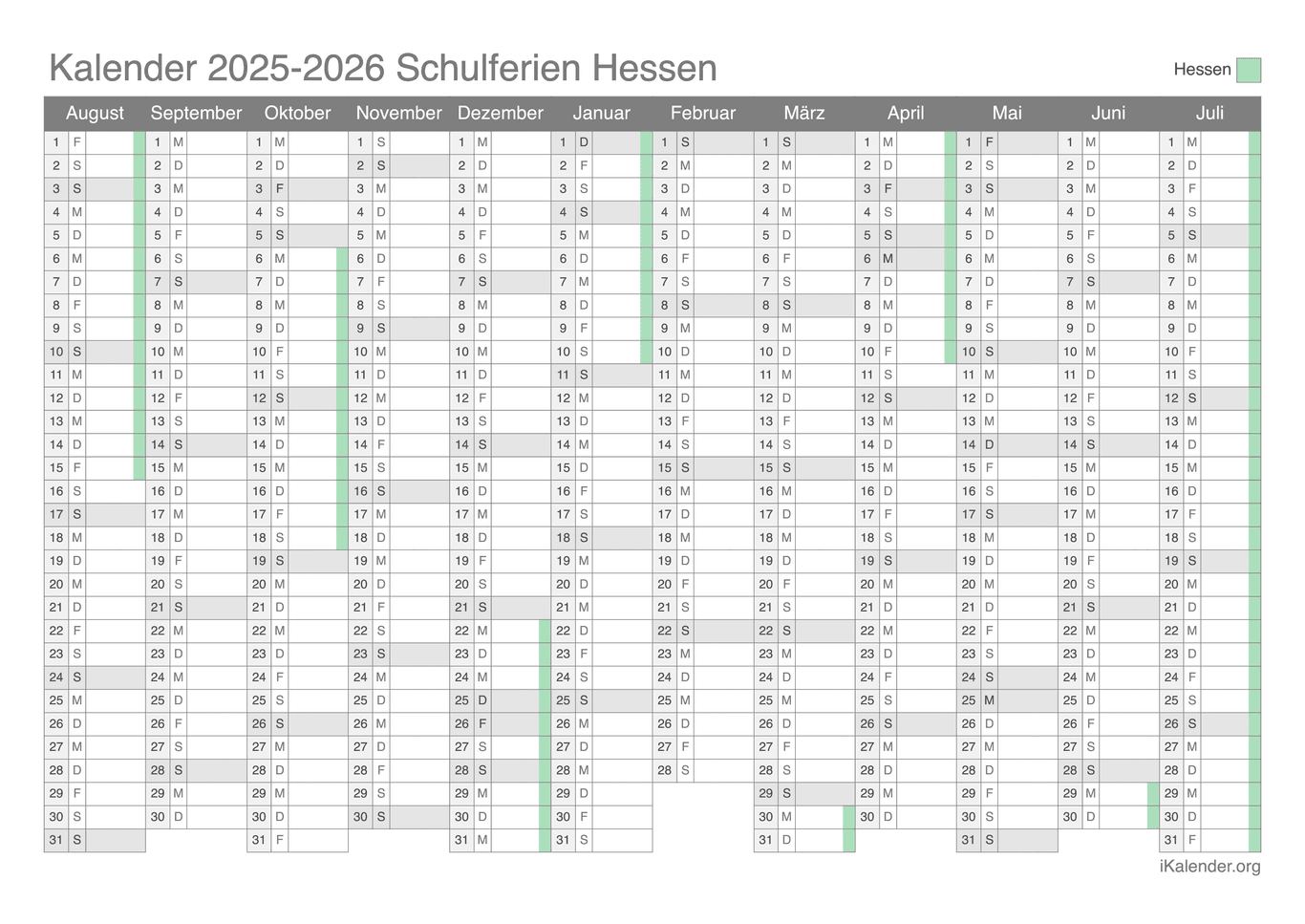 Schulferien Kalender 2025-2026 Hessen