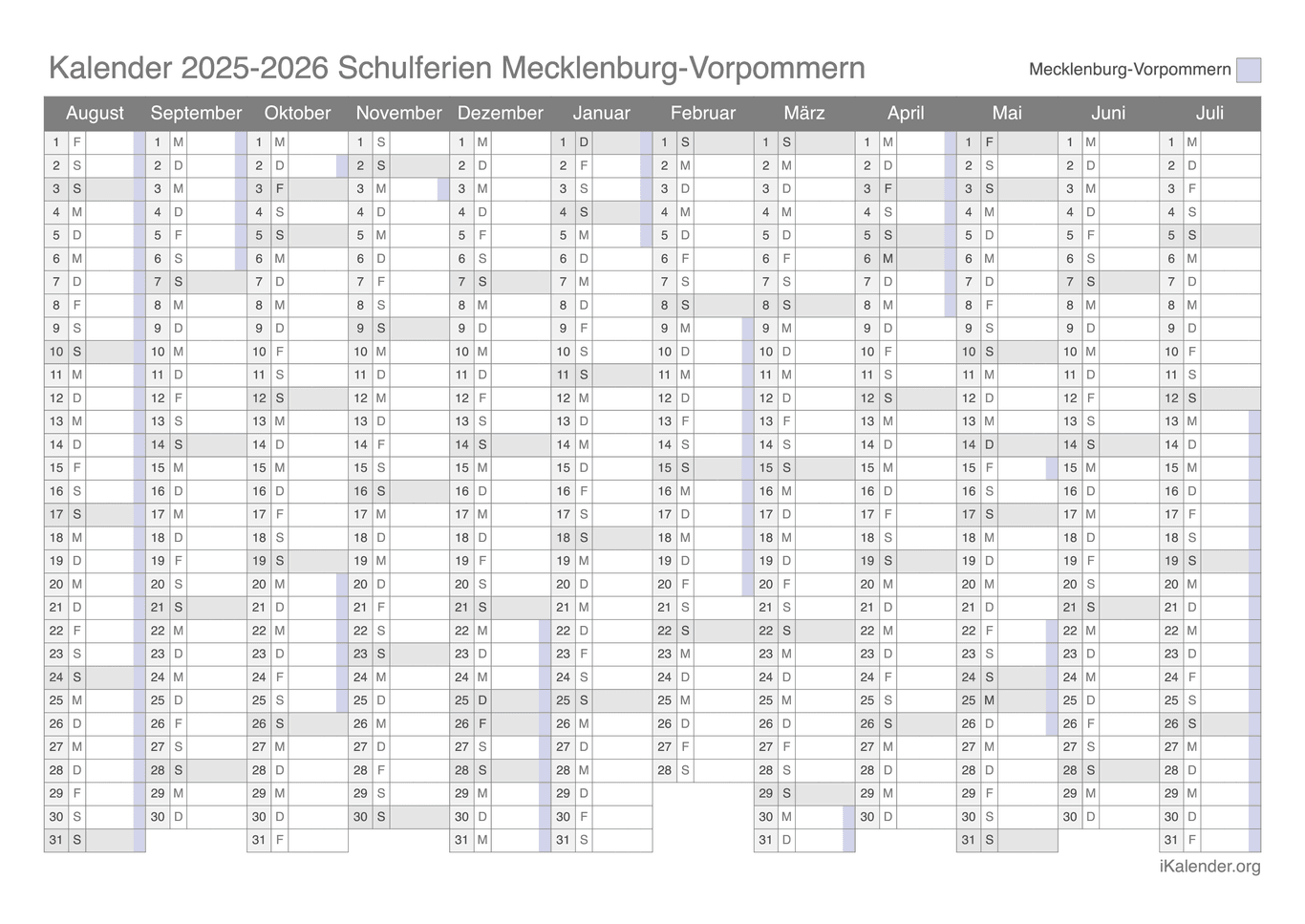 Schulferien Kalender 2025-2026 Mecklenburg-Vorpommern