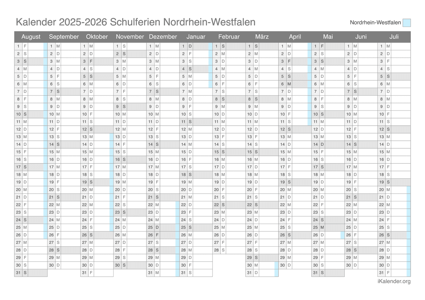 Schulferien Kalender 2025-2026 Nordrhein-Westfalen