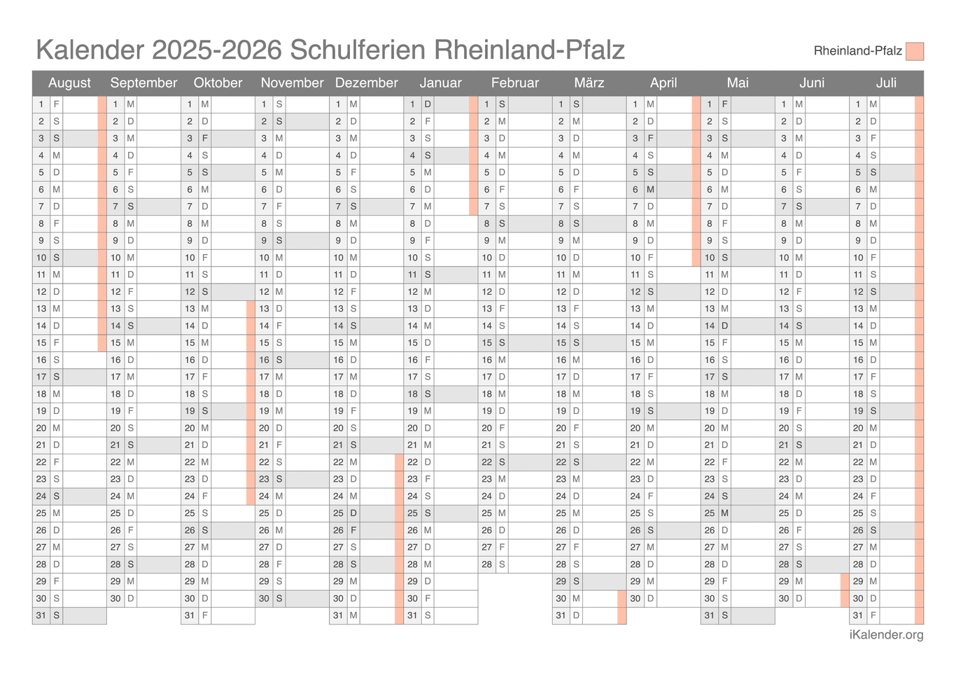 Schulferien Kalender 2025-2026 Rheinland-Pfalz