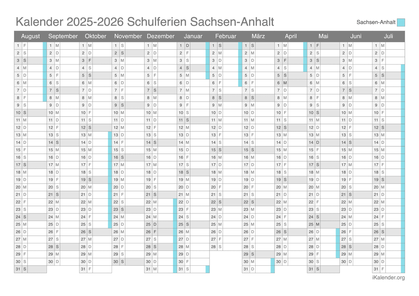 Schulferien Kalender 2025-2026 Sachsen-Anhalt