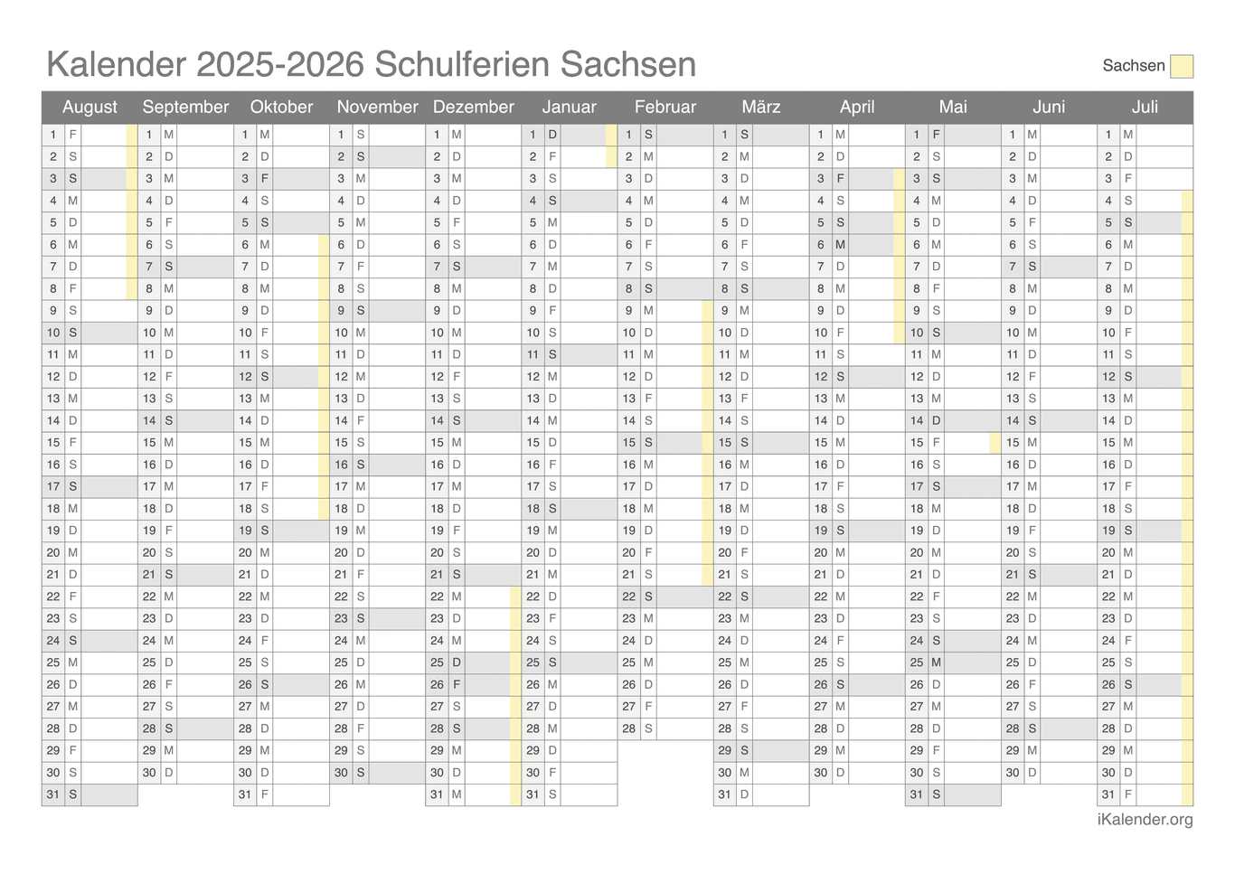 Schulferien Kalender 2025-2026 Sachsen