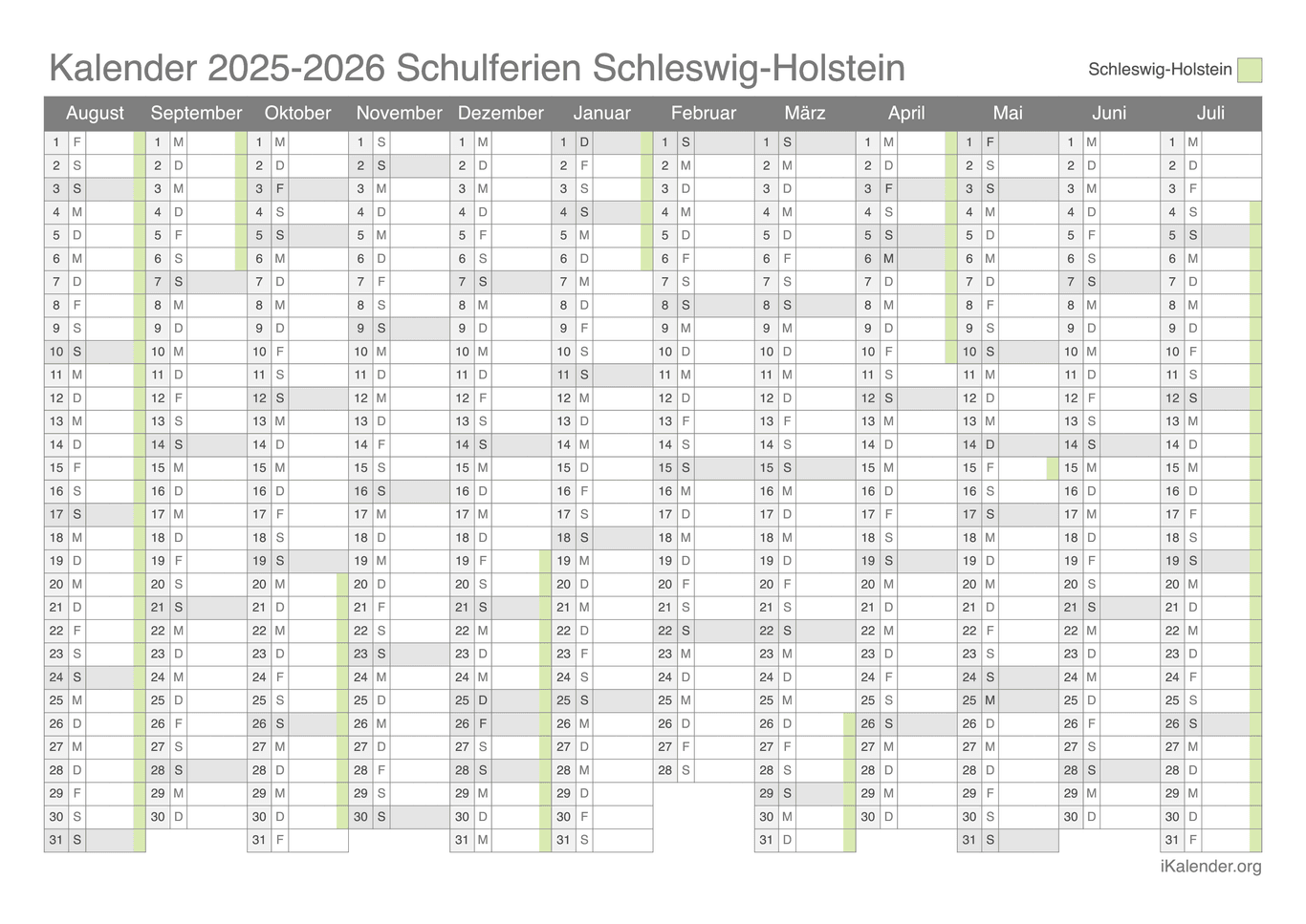 Schulferien Kalender 2025-2026 Schleswig-Holstein