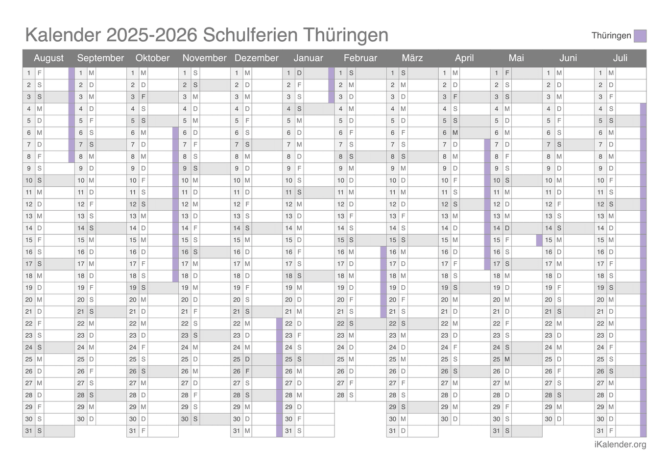 Schulferien Kalender 2025-2026 Thüringen